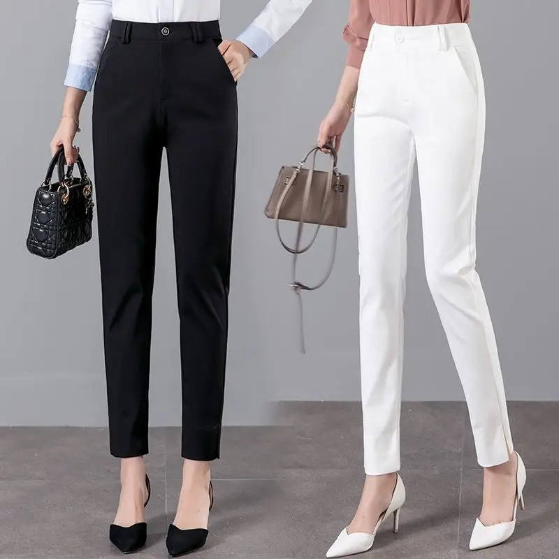 Summer Women's Solid Color Office Lady Trousers Button High Waist Zipper Pockets Business Commute Straight Harlan Casual Pants summer thin ice silk cropped casual harlan pants women s elastic waisted print pockets fashion versatile loose straight trousers