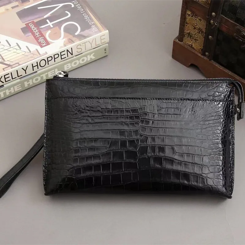 

Authentic Exotic Crocodile Skin Businessmen Classic Black Clutch Bag Genuine Alligator Leather Male Large ZIP Wristlets Purse
