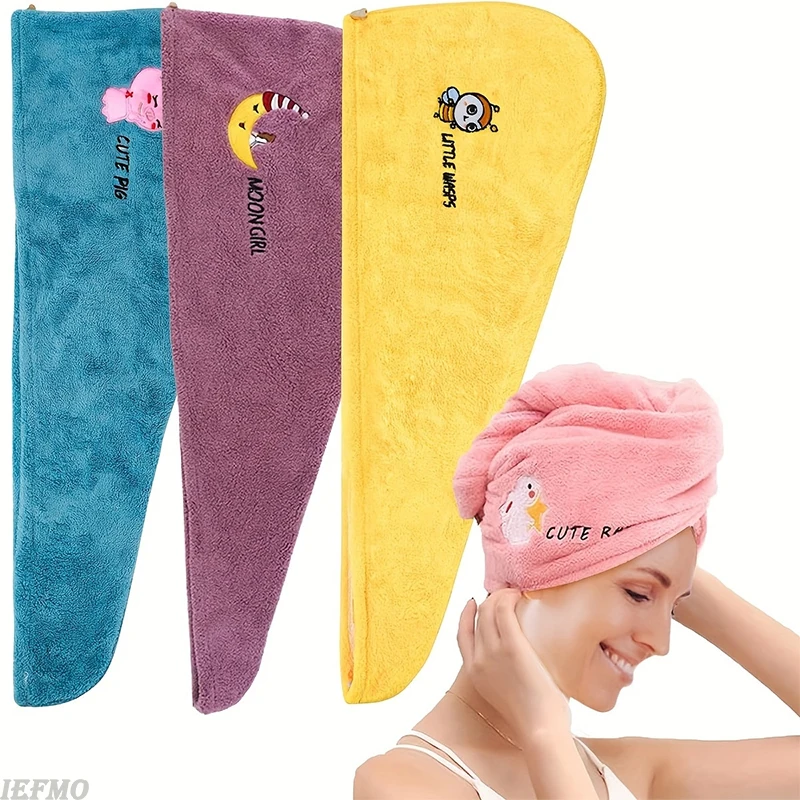 1pc Towel Soft Dry Hair Cap with Buttons Cute Embroidered Towel Absorbent Towel Women Shower Cap Bathroom Supplies
