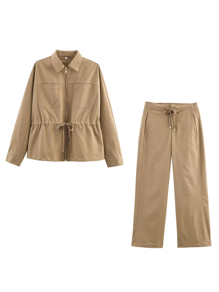 Women's Pants Sets 2 Pieces High Waist Casual Straight Leg Trousers Woman Outfit Long Sleeve Pockets Zipper Coat Solid Suit