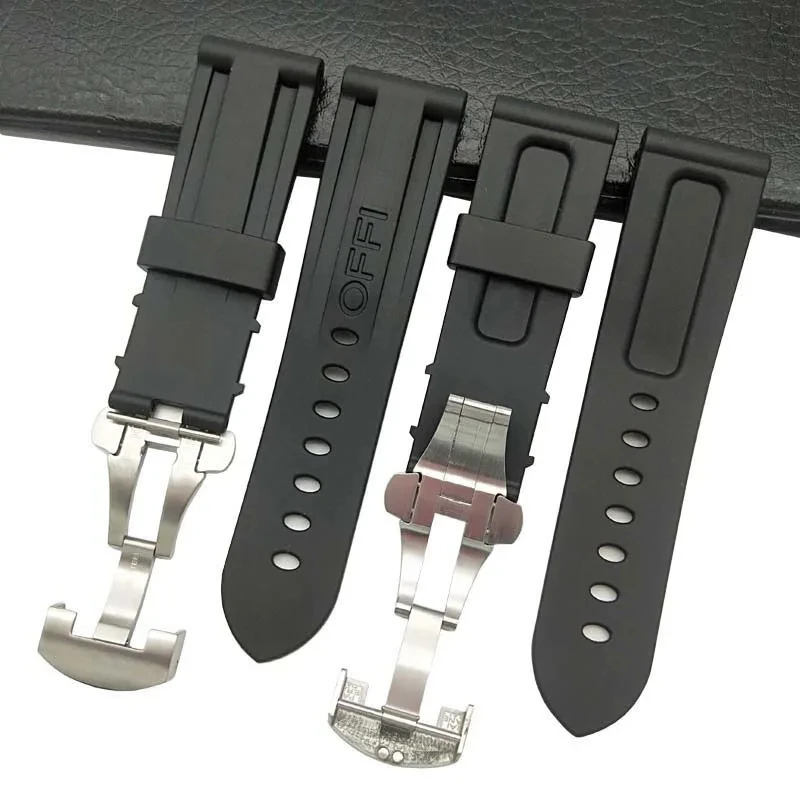 

High Quality Black Soft Rubber Watchband for PAM441/312/Panerai LUMINOR 1950 22mm Stainless steel butterfly buckle clasp Strap