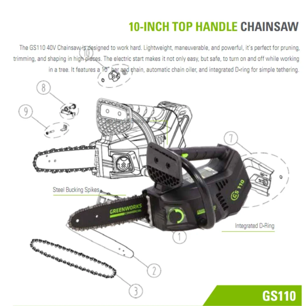 Greenworks 40 V Baumpfleger-Kettensäge mit oberem Griff, bürstenloser Motor, 10 Zoll Stange, 15 m/s, professionelle, einhandbedienbare Gartensäge GS110 – Detail 3