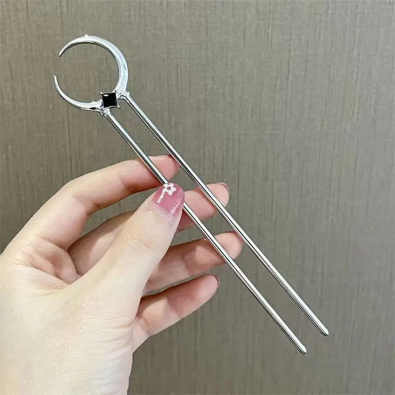 Trendy U-Form Metall Mond Haar Sticks für Frauen Vintage Elegante Chinesische Schwarz Kristall Haarnadeln DIY Frisur Haar Zubehör – Detail 4