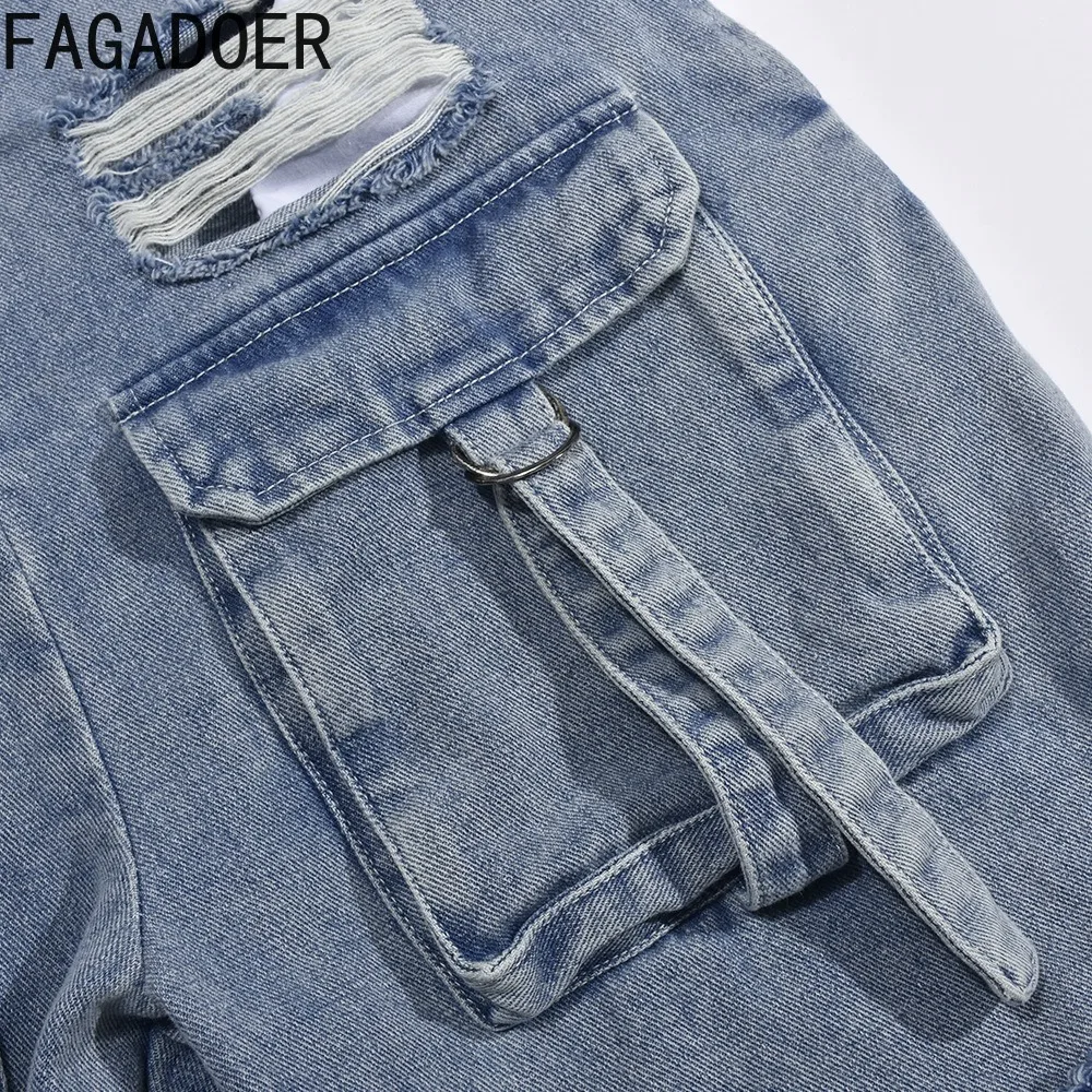 FAGADOER Fashion Street Style Women Hole Tassels Denim Strap Sleeveless Jumpsuits Spring Female Lace Up Straight Cowboy Playsuit