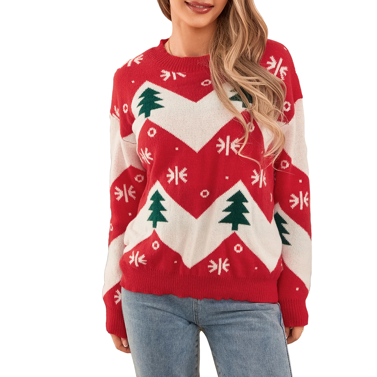 

Winter Warm Christmas Sweaters Female Crew Neck Long Sleeve Women Vintage Xmas Tree Contrast Color Knit Tops Pullovers