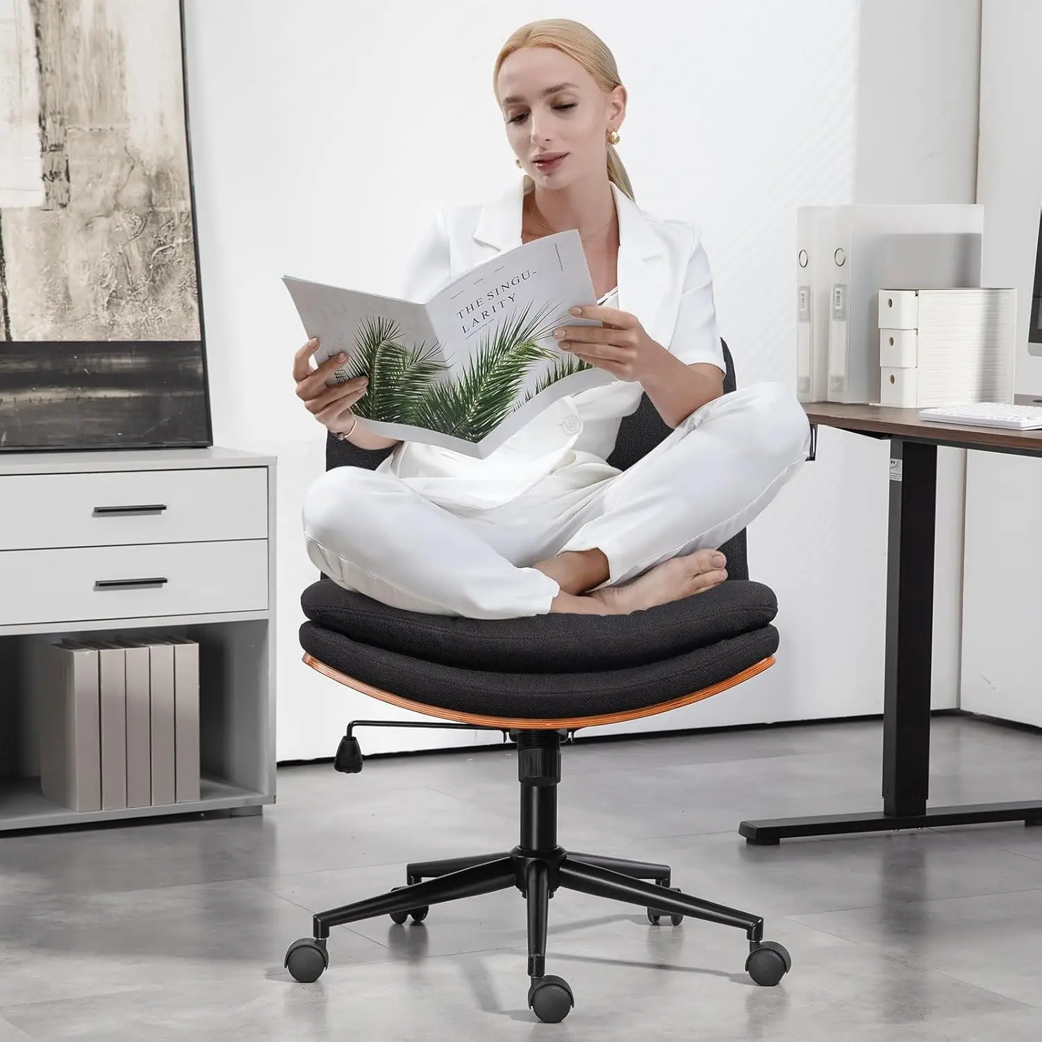 Armless Modern Walnut Office Desk Chair with Wheels, Adjustable Wide Swivel Task Chair, Ergonomic Cross Legged Fabric Chair for 3