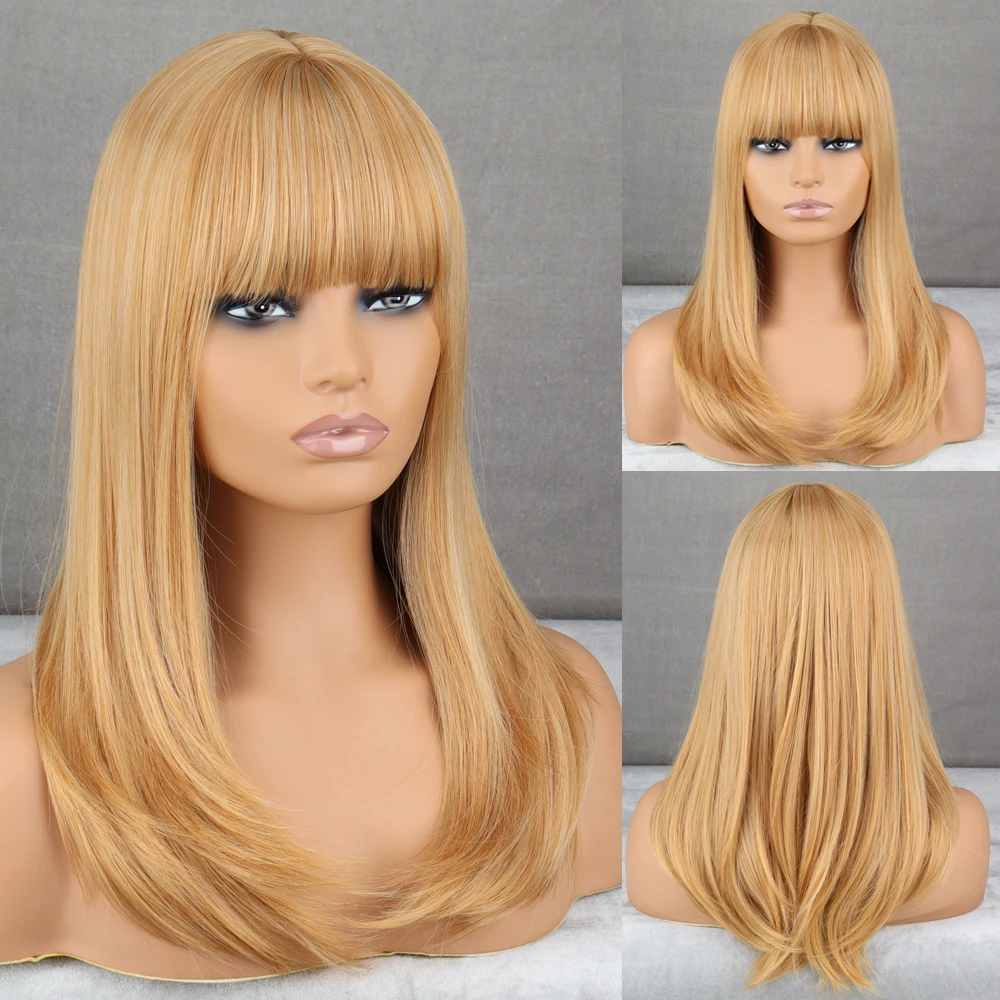 

WERD Long Golden Synthetic Wig With Bangs Straight Hair Wigs for Women Heat Resistant Cosplay Wigs