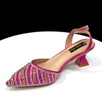 2025 Shiny Italian Fashion Pointed Toe Women Heel Fashion Rhinestone Decoration Fuchsia Color Shoes And Bag Set 4