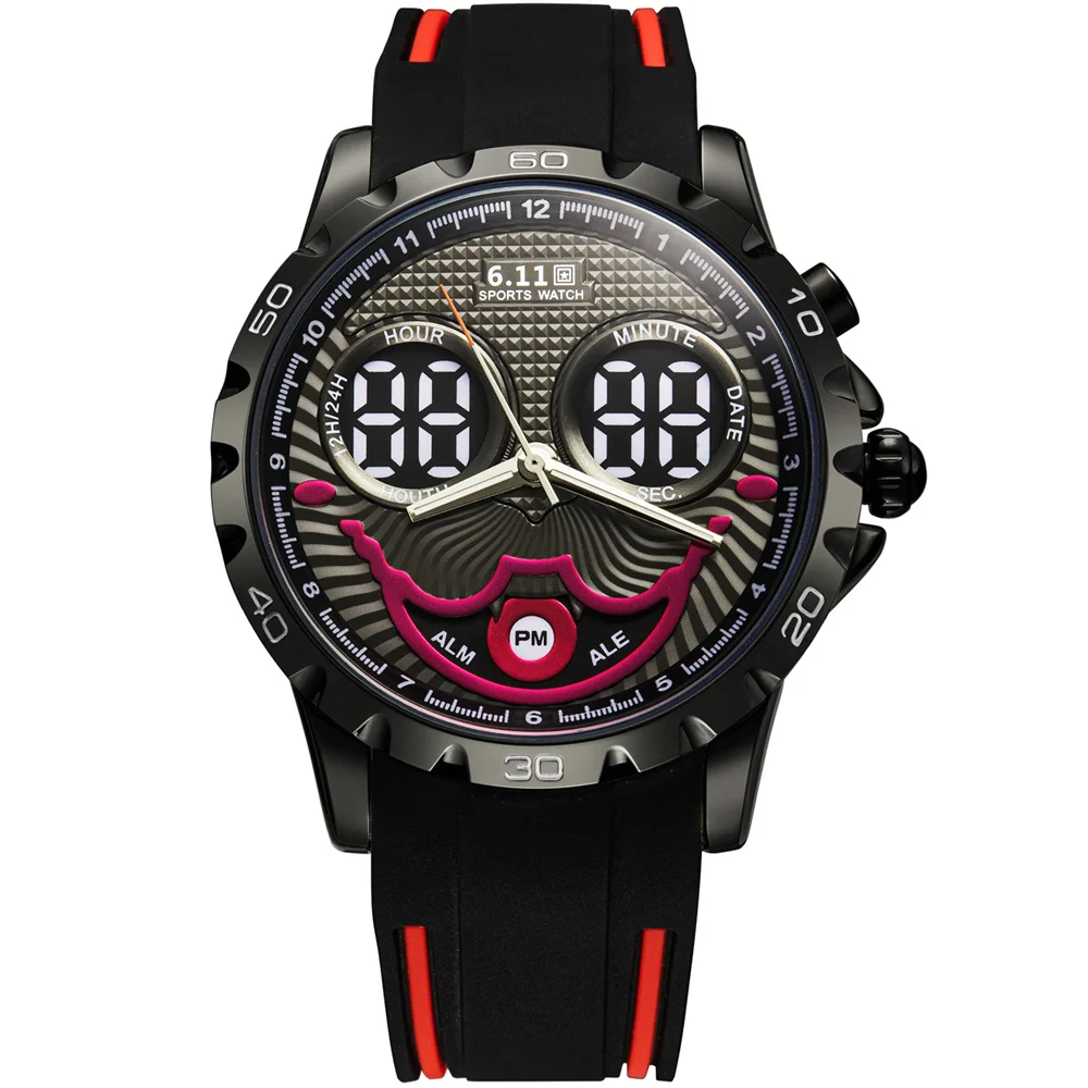 New Cool Joker Digital Watch for Men Waterproof Electronic LED Blue Light Dual Display Watches Clown Dial Mens Sports Watch Gift