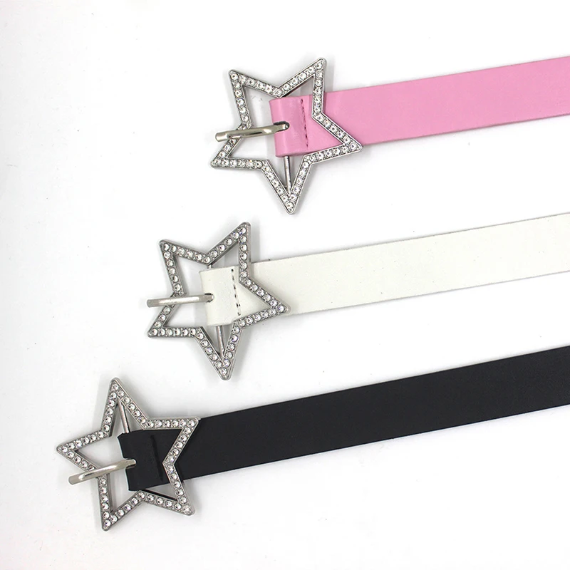 

Trendy Spicy Girl Pink PU Leather Belt Metal Fashion Buckle Five-point Star Full Drill Waistband Women Y2K Versatile Decoration