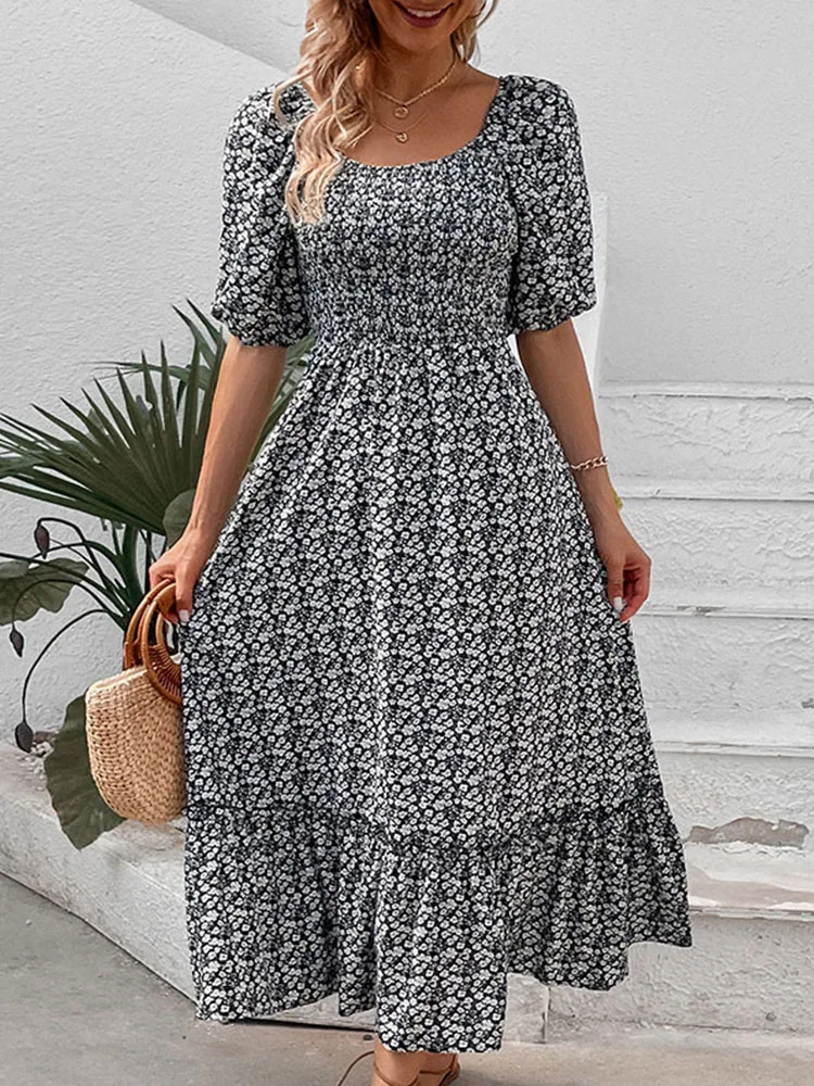 

Women's Square Neck Printed Dress 2024 Summer New Sexy Backless Short Sleeved Long Elegant Fashion Dresses For Ladies