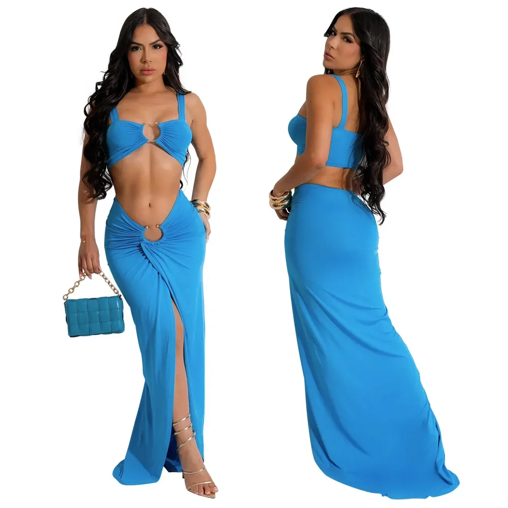 Women's Set Sleeveless Crop Top + Long Split Skirts Suit 2024 Summer Hollow Out Streetwear Beach Sexy Two 2 Piece Sets
