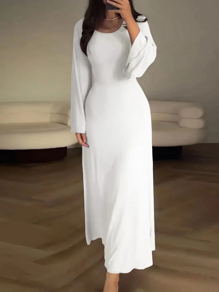 

Women Elegant O Neck Ribbed Long Party Dress Office Lady Solid Color Slim Lacing Up Autumn Dress Femme Basic Dresses Casual 2023
