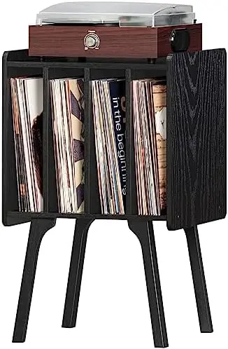

Player Stand, Walnut Vinyl Record Storage Table with 4 Cabinet to 100 Albums,Mid-Century Modern Turntable Stand with Wood Legs,