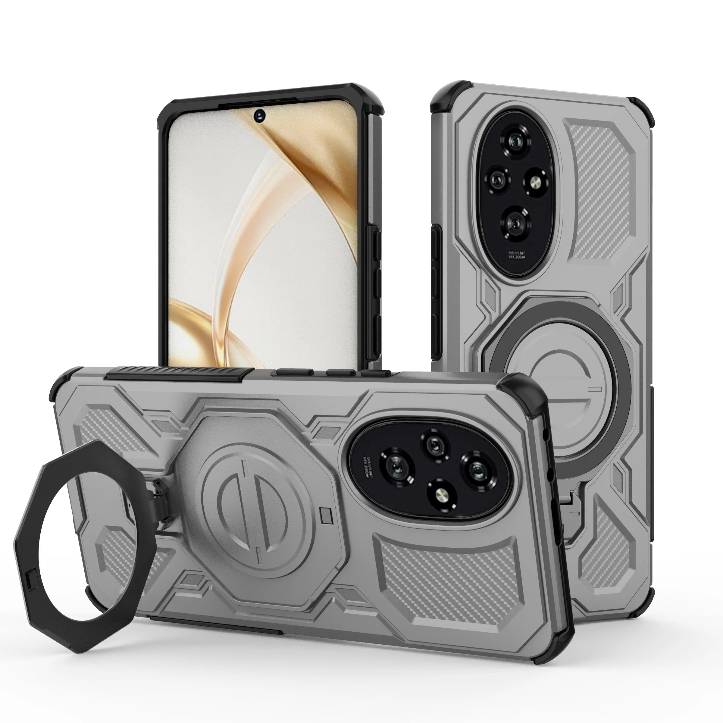 Magnetic Wireless Charging Phone Case with Ring Holder Kickstand - Carbon Fiber Soft Cover