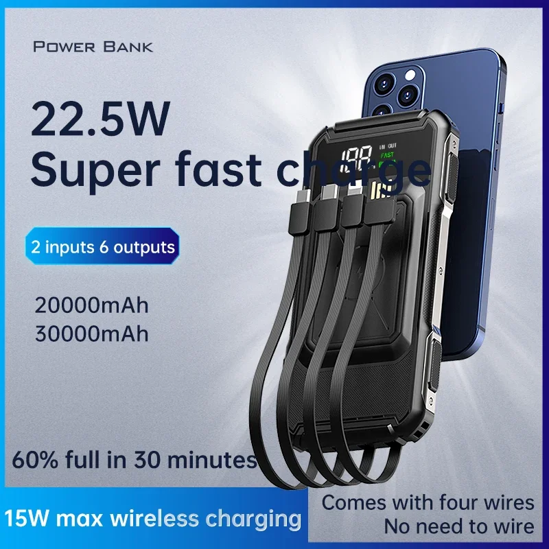 

22.5W Fast Charging Power Bank 30000mAh Qi Wireless Charger Powerbank Built in Cable for iPhone 14 13 X Samsung Xiaomi Poverbank