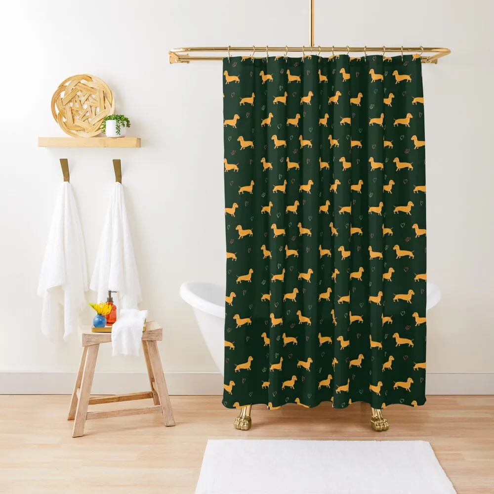 

Adorable Sausage Dog and Hearts Pattern (Green) Shower Curtain Bathroom And Shower Bathroom Shower Set Curtain