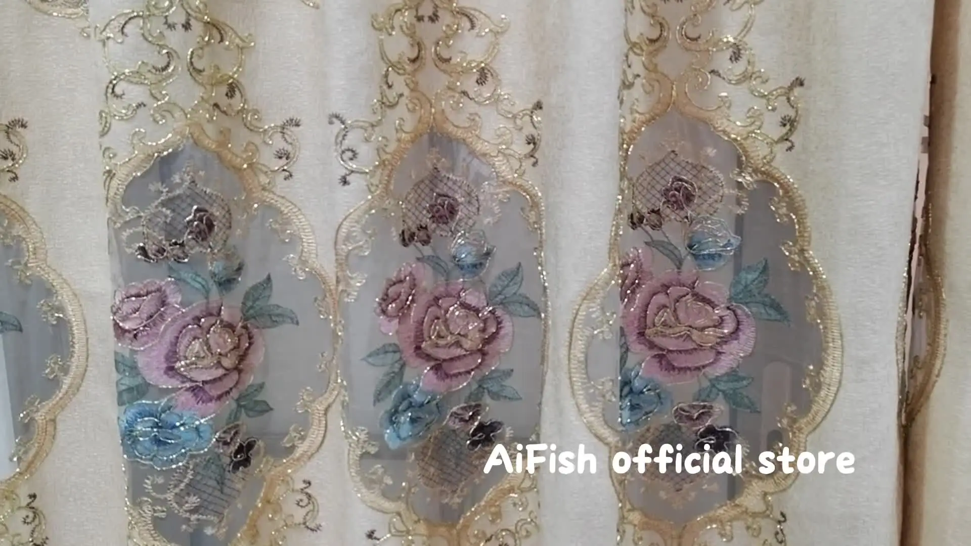 Шторы AiFish бежевые с вышивкой из полиэстера и хлопка