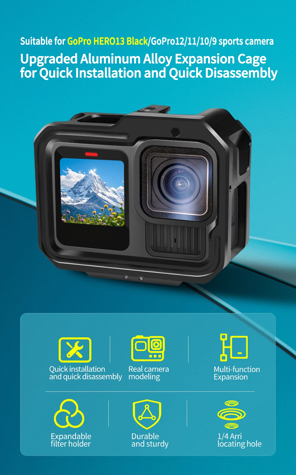 Für Gopro 13 12 9 Kamerarahmen Metallkäfig mit Kaltschuhhalterung Magnetische faltbare Adapterhalterung für GoPro Hero 11 Actionkamera – Detail 1