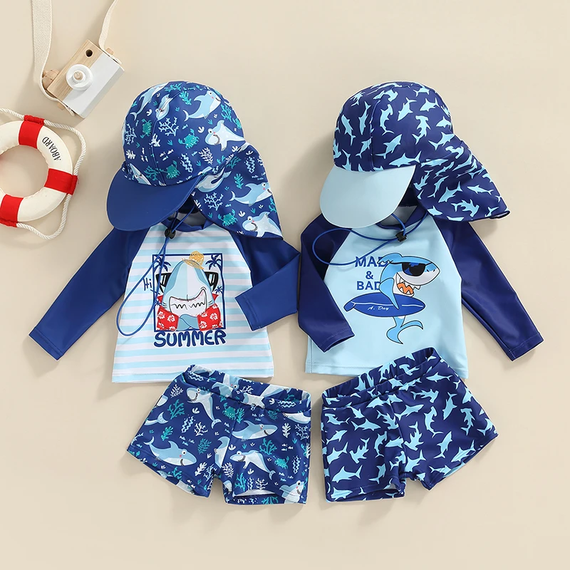 

6M-4T Kids Boys Pool Quick Dry Beach Swimwear Cartoon Striped Shark Print Summer Beach Long Sleeve Top + Shorts + Hat