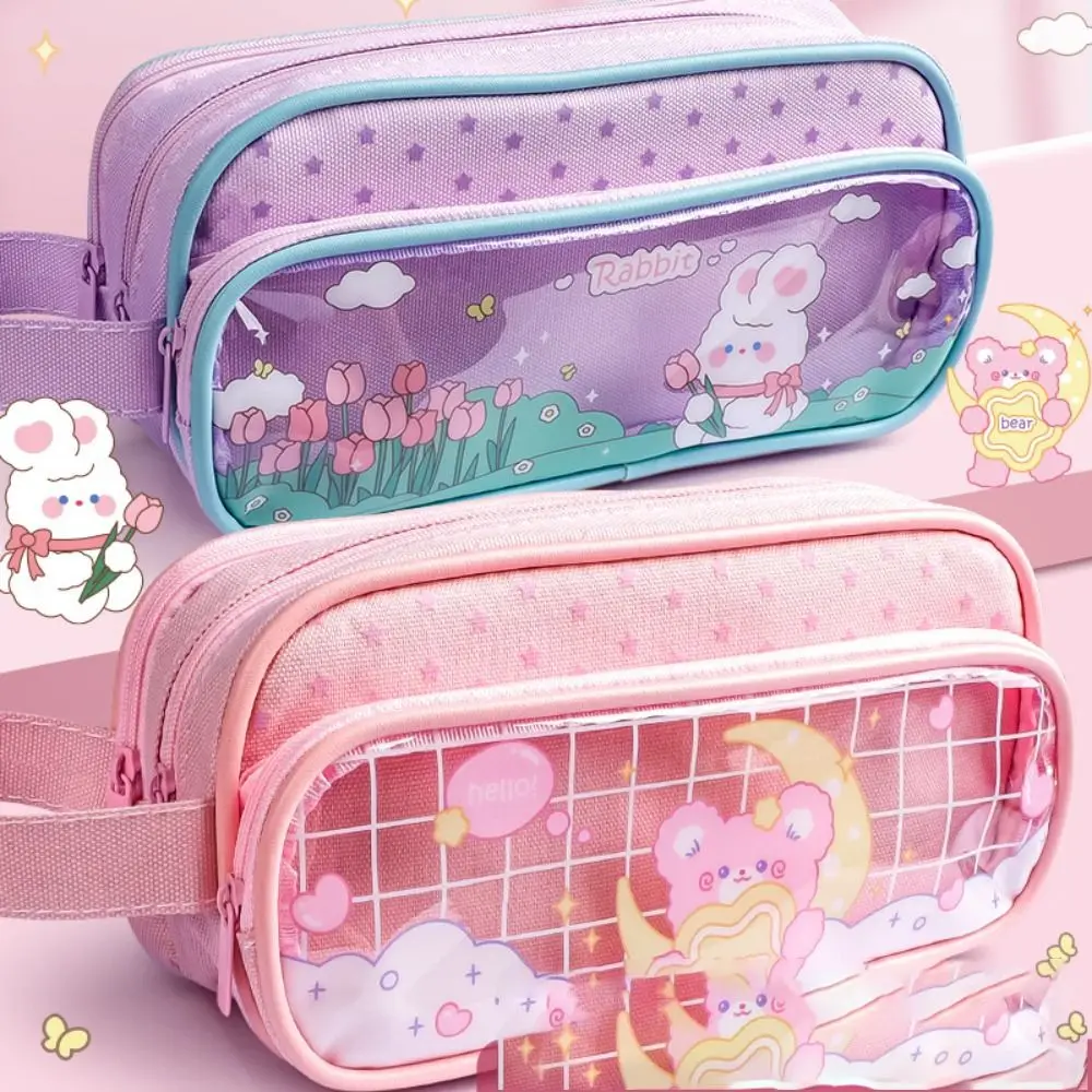 

Waterproof Kids' Pencil Cases Three Layer Transparent Design Lattice Pencil Bag Large Capacity Layered Storage