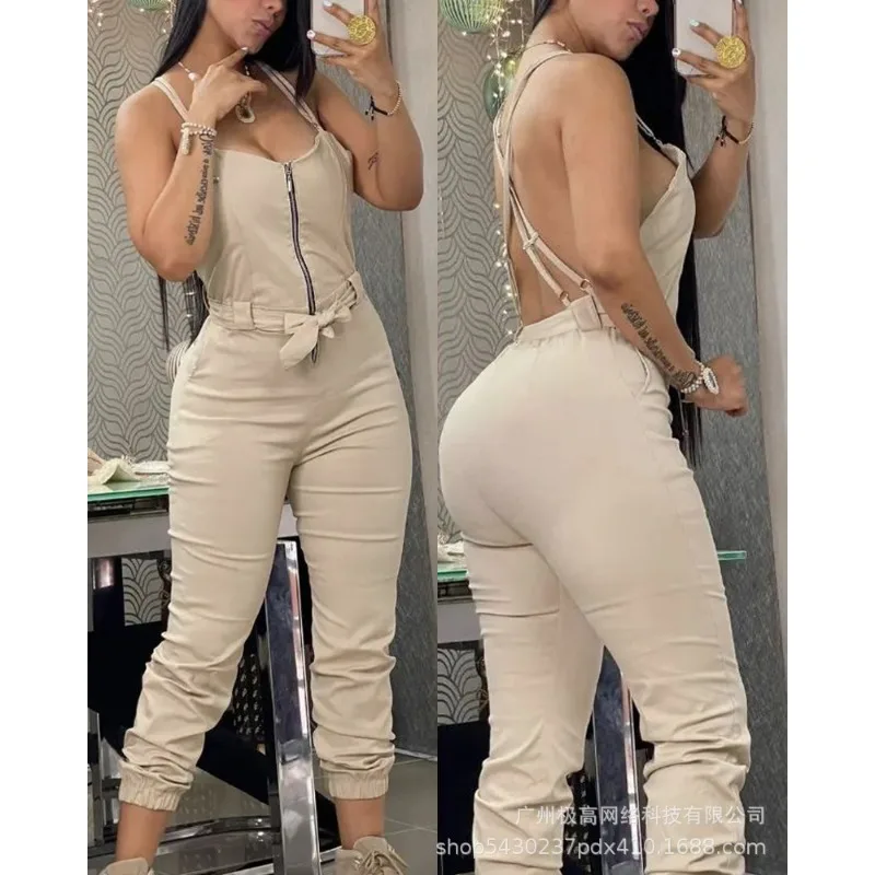 

Sexy Slim-Fit Zipper V-neck Spaghetti Strap Jumpsuits 2023 New Women's Jumpsuits Women Sleeveless Backless High Waist Jumpsuits