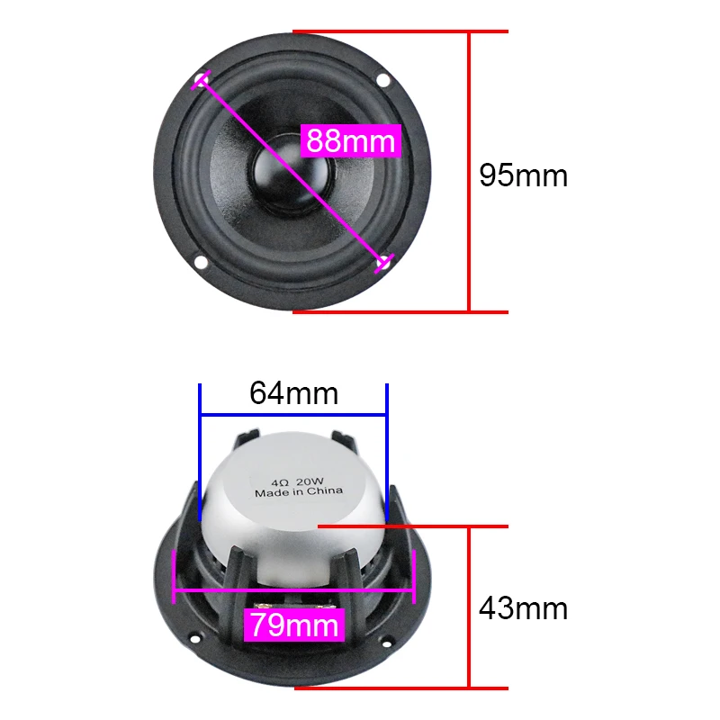 GHXAMP 3.5 inch 95mm Car Full range Midrange Speaker 25Core Paper Cone Neodymium Sound Clear Pleasant 4OHM 20W 91Hz~20KHz 1PC