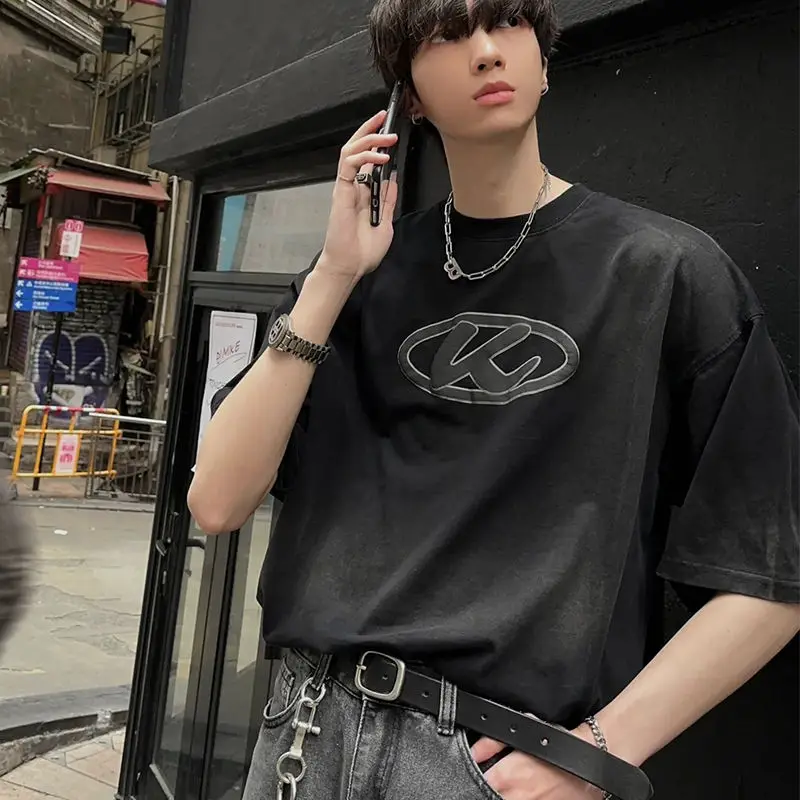 

Summer Korean y2k personalized retro trendy printed T shirt American simple men y2k street goth hip hop round neck top