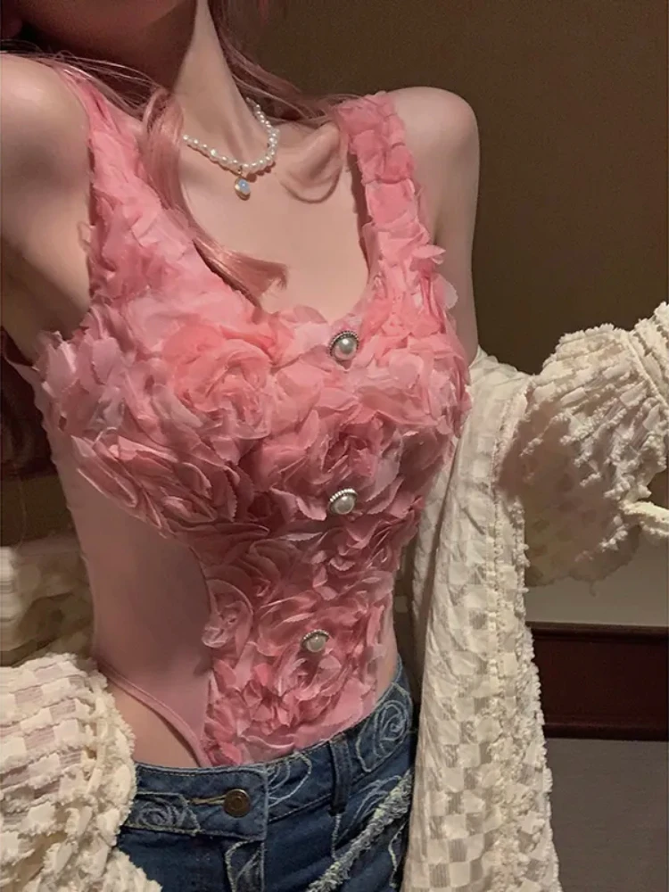 

ADAgirl Pink Floral Tank Vest Pearl Button Corset Top Sexy Hot Tops for Women Edgy Clothes Y2k Fairycore Aesthetics Clubwear Ins