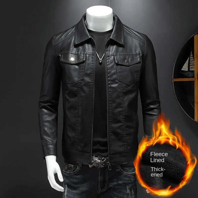 Men's Motorcycle Leather Jacket Large Size Pocket Black Zipper Lapel Slim  Fit Male Spring And Autumn High Quality Pu Coat