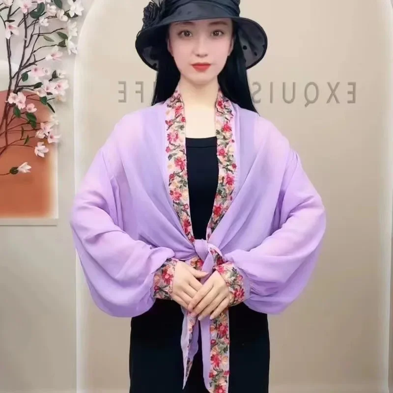 자수 시폰 자외선 차단 와이드 소매 상의, 에스닉 스타일 가디건, 에어컨 코트, 햇빛가리개 스카프