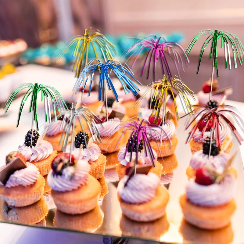 50Pcs Tassel Fireworks Cake Topper Cocktail Picks Dessert Food Fruit Toothpick for Wedding Birthday Party Decoration Christmas