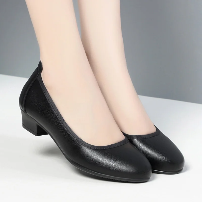 

Women Black Shallow Mouth Low Heels Spring Autumn Fashion Round Head Thick Heeled Lightweight Work Office Single Shoes