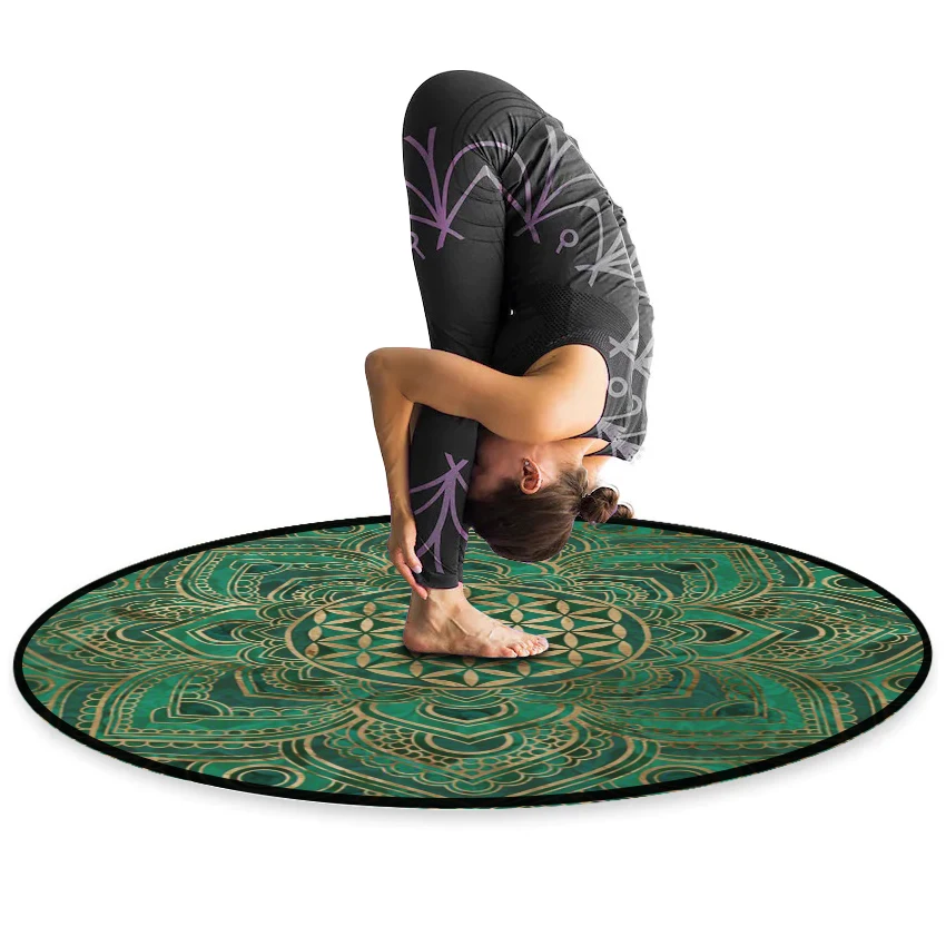Blue/Gold/Green Boho Mandala Round Rug Flower of Life Yoga