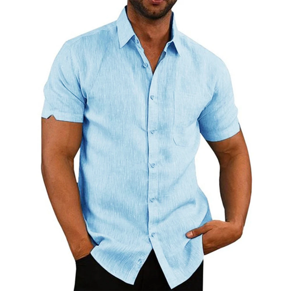 

Cotton Linen Hot Sale Men's Short-Sleeved Shirts Summer Solid Color Turn-down collar Casual Beach Style Plus Size