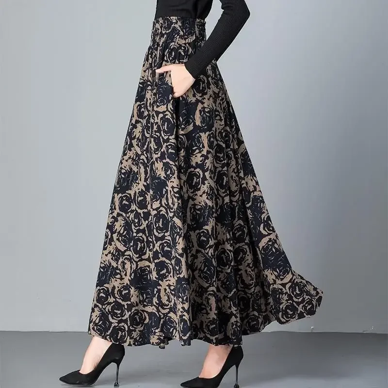 

Elegant Vintage Printed Floral Skirt Woman Summer New Office Lady Commute High Waist Ankle Oversize Loose Long Skirts V107