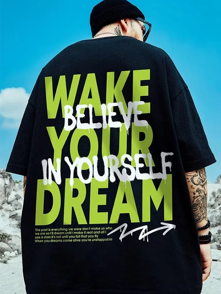 thumbnail image 1 of Camiseta con estampado "Wake Your Dream" para hombre, camisetas casuales holgadas estilo Harajuku, camisetas de moda de gran tamaño Y2K, camisetas de algodón de verano con cuello redondo, 1 of 5