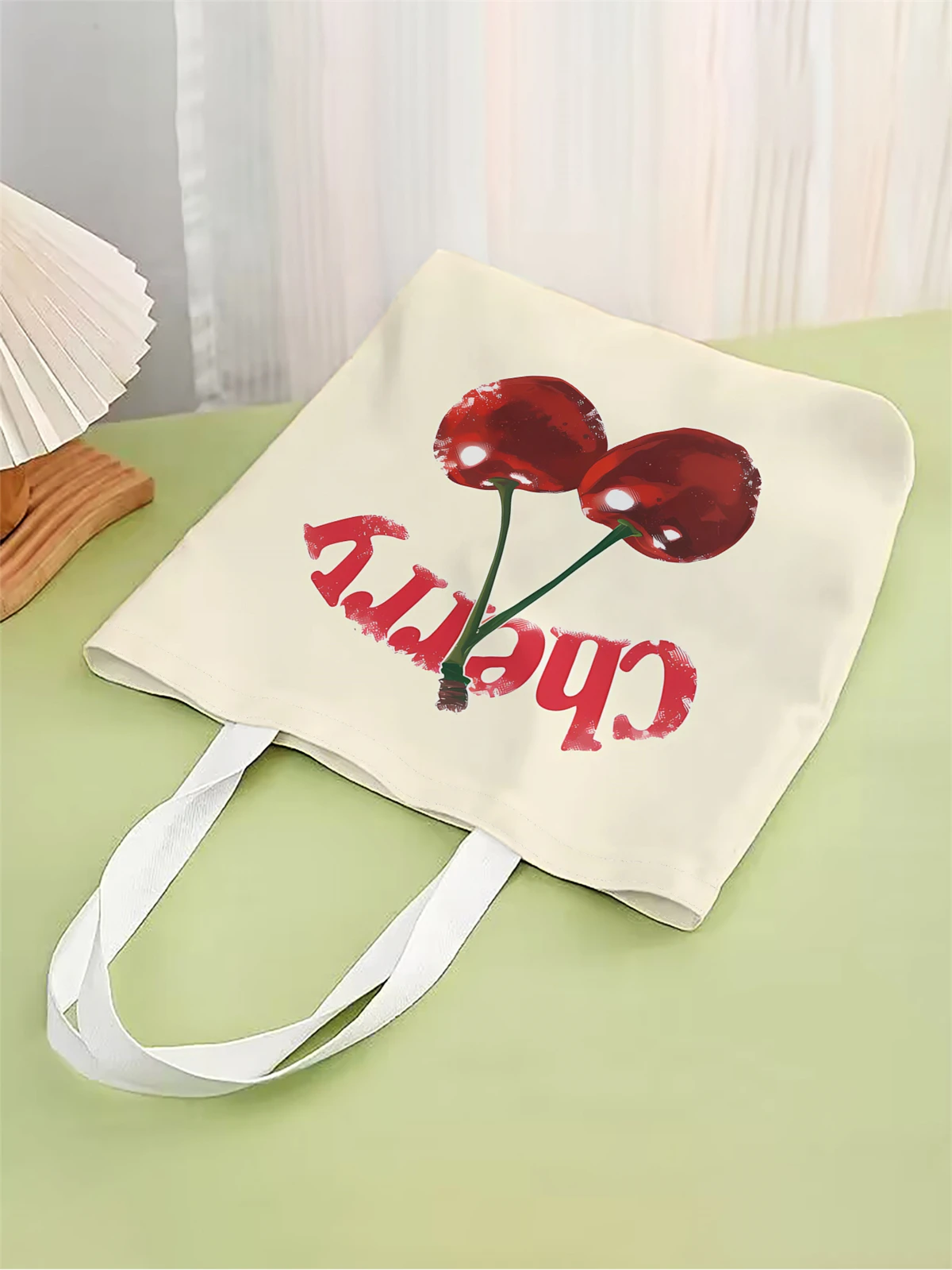 1pc,cartoon cherry handbag, reusable fashionable handbag, multifunctional handbag, printed canvas shopping bag