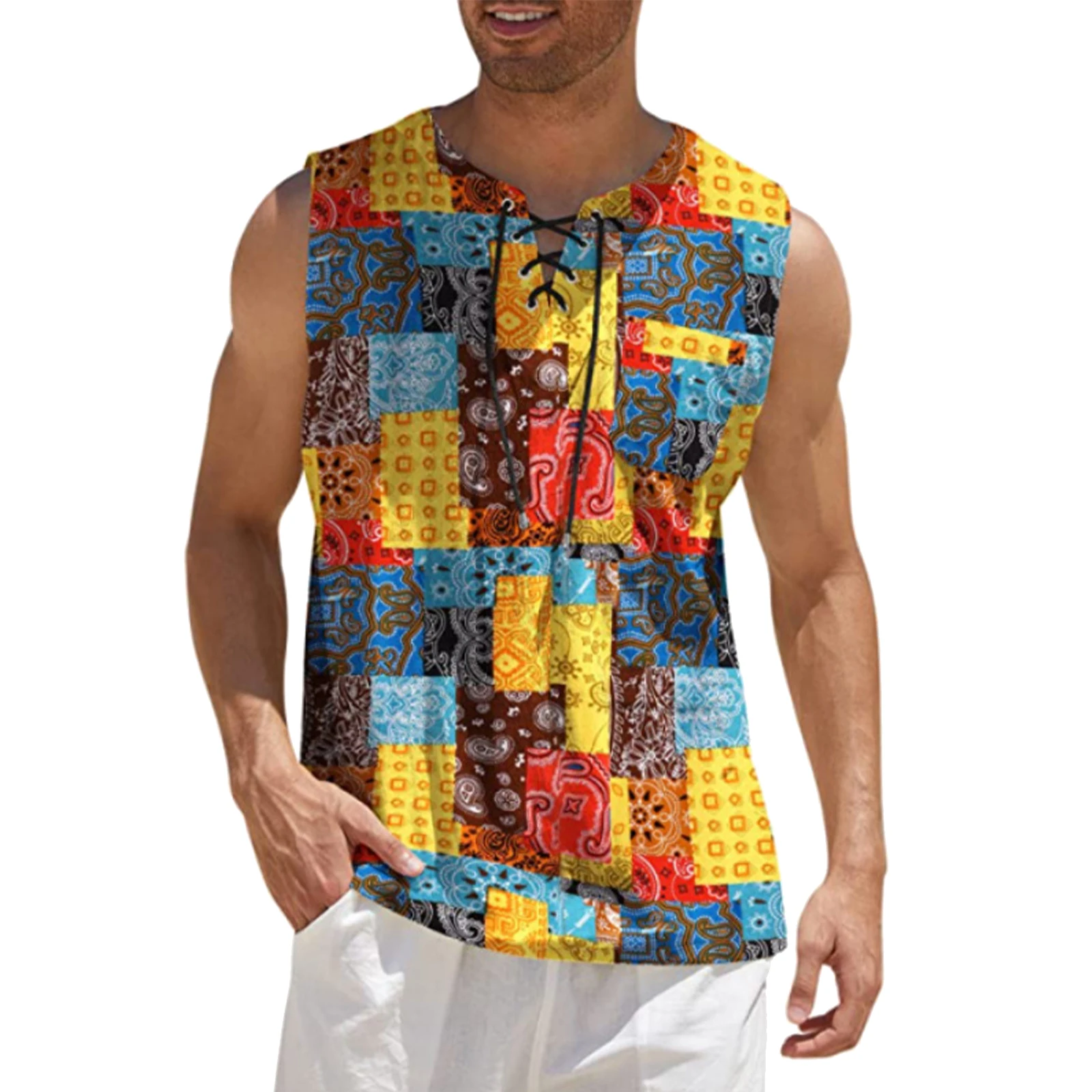 

Мужские Гавайские хлопковые льняные майки, повседневные свободные топы без рукавов, на шнуровке, с народным принтом, жилетка, летняя мужская одежда для отпуска