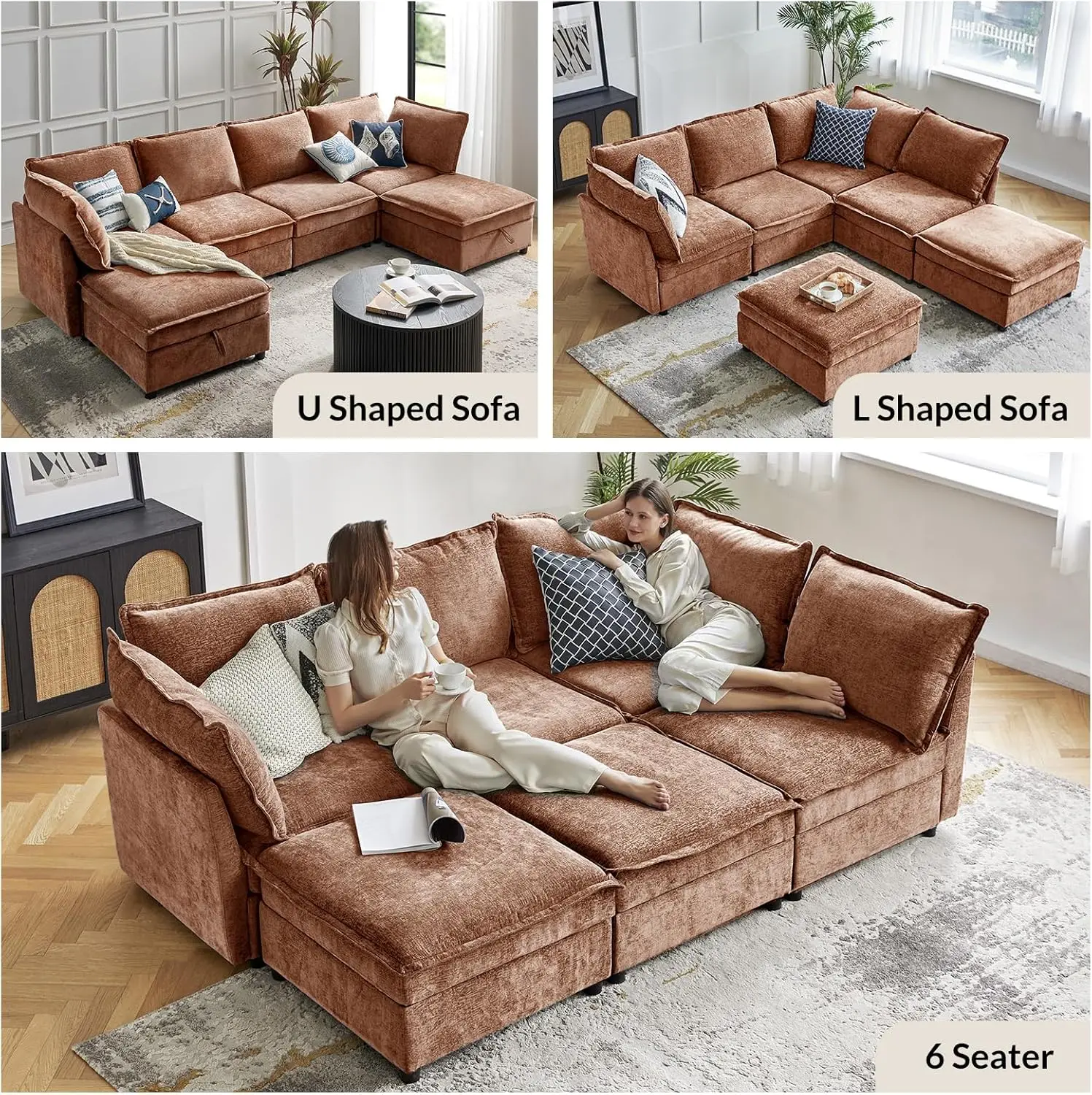 Oversized Modular Sectional Sofa, 8 Seat U Shaped Couch with Storage Ottoman, Comfy Chenille Sofa with Deep Seat