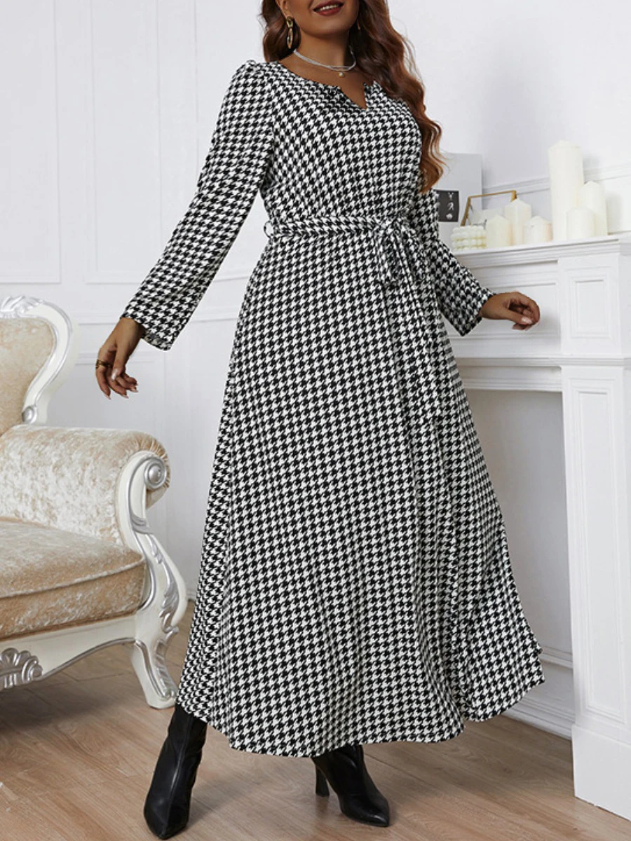 

LW Oversize Autumn & Winter Women Office Lady Elegant Party Club Maxi Dress Houndstooth Belted Loose A Line Long Dress XL-4XL