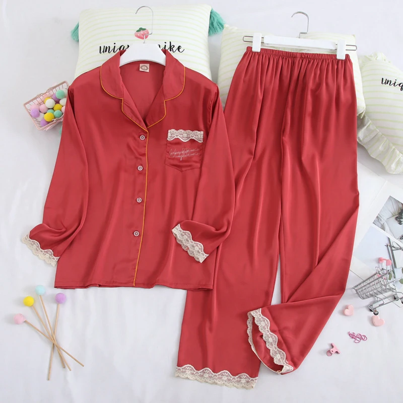 Satin Pajamas Set Faux Silk Women Sleepwear Shirt&pants Casual Lace