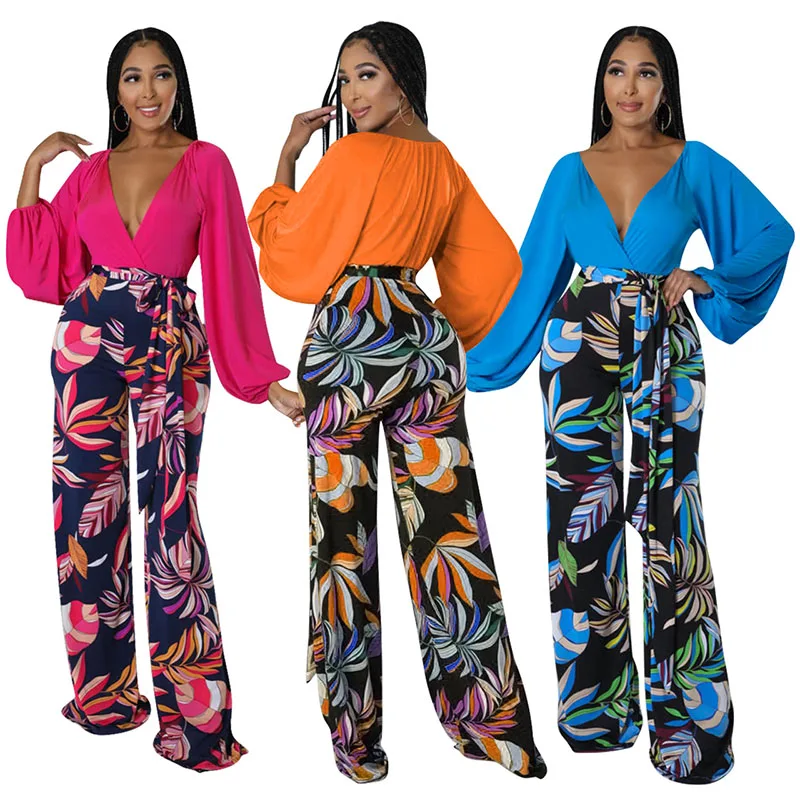 Ygolonger Spring Summer Solid Color Deep V Blouse Plus Printed Wide Leg Trousers 2Piece Pajamas Suit Long Sleeve Shirt Pants Set printed ethnic bikini bottom s deep green