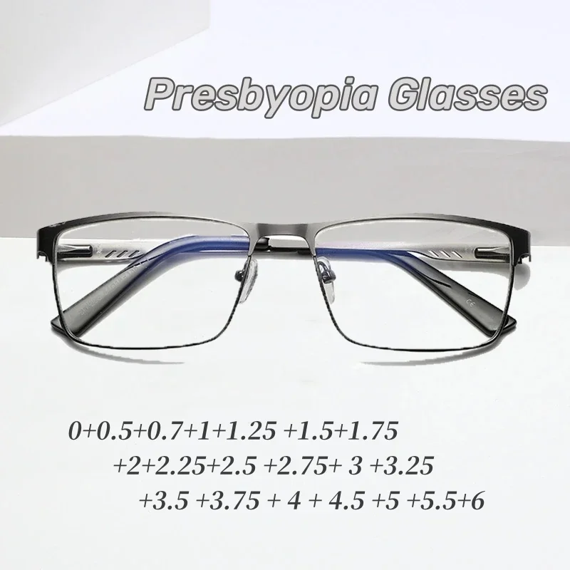 Reading Glasses Men Square Metal Frame Spring Leg Elderly Presbyopia Blue Light Blocking Eye Protection