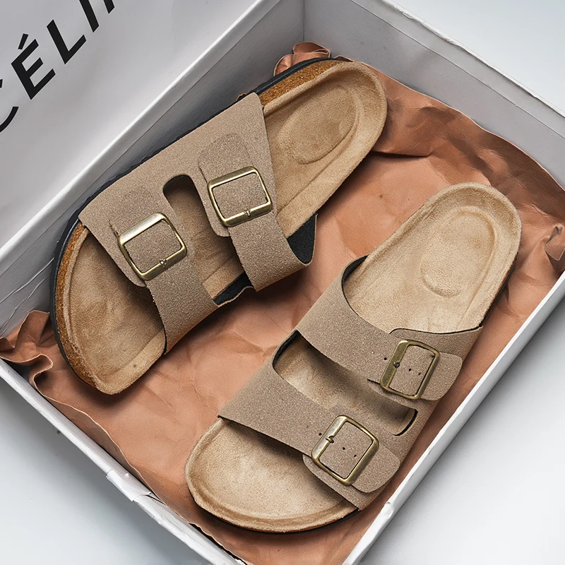 Mens Slippers Arch Support Slip-on Suede Shoe Crestar Cork Footbed Arizona Sandals for Women Solid Color Double Button Slippers