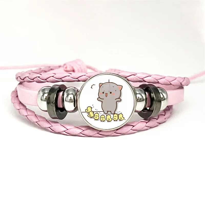 Net Red Cute Couple Mitao Cat Pink Leather Bracelet Glass Cabochon Button Multilayer Bangles Wristband Gift 3