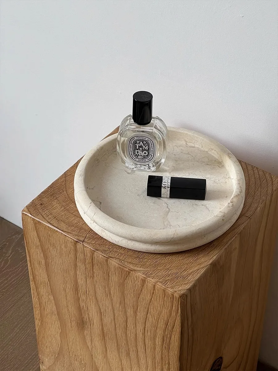 Light Luxury Marble Material Round Tray French Retro Style Perfume Storage Living Room Decoration Jewelry Display Tray 22x22x3cm 3