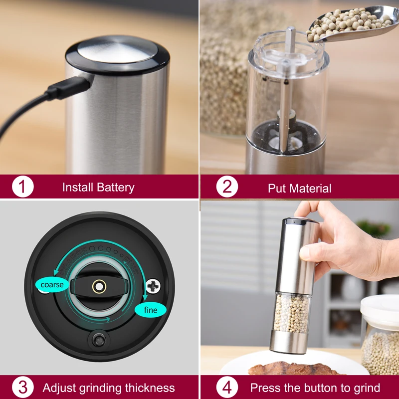 Rechargeable Electric Salt and Pepper Grinder Set Stainless Steel Automatic Pepper Mill Large Capacity Container Adjustable
