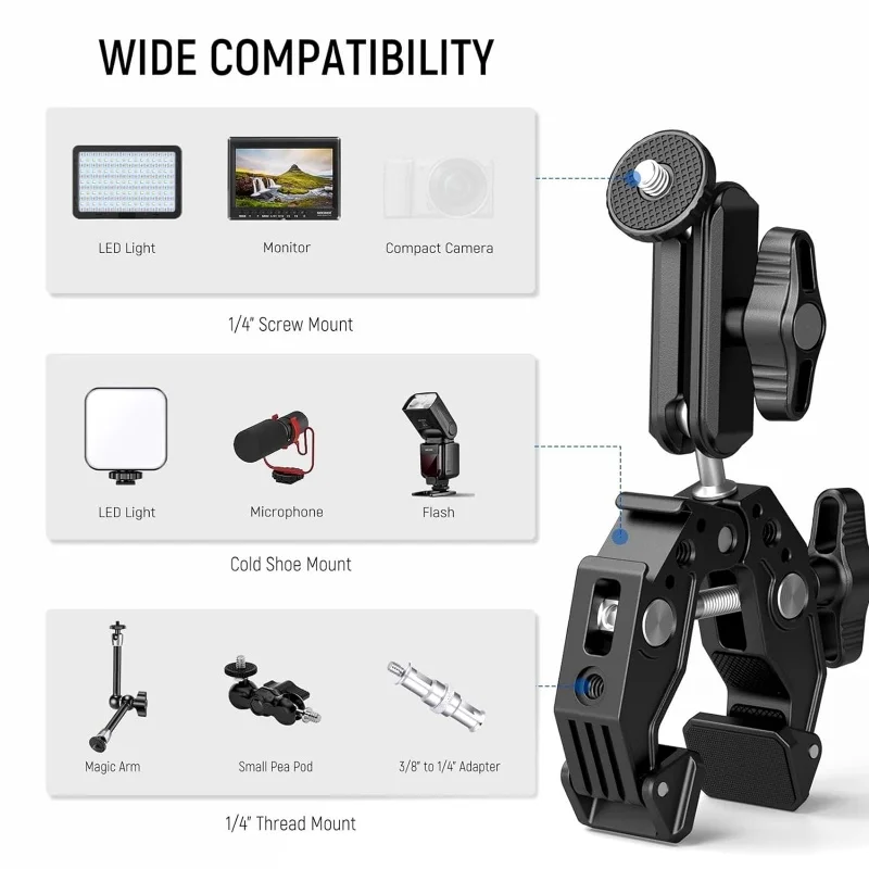 알루미늄 슈퍼 클램프 볼 헤드 매직 암 (고프로/인스타360/DJI/DSLR 마운트 카메라 모니터 라이트 포스 매직 암 홀더 스탠드)