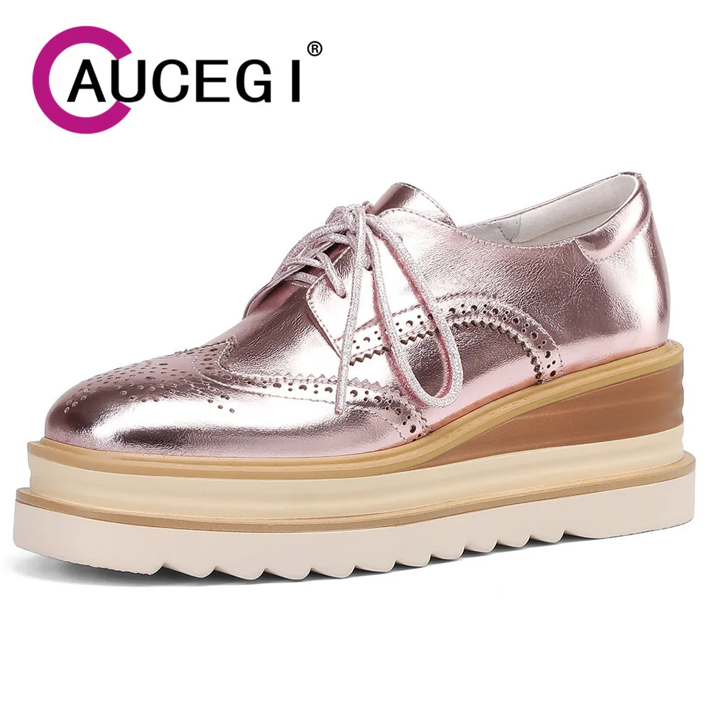 

Aucegi Black Carving Pattern Cow Patent Leather Platform Pumps Women Retro Round Toe Wedges Heels Lace Up Office Handmade Shoes